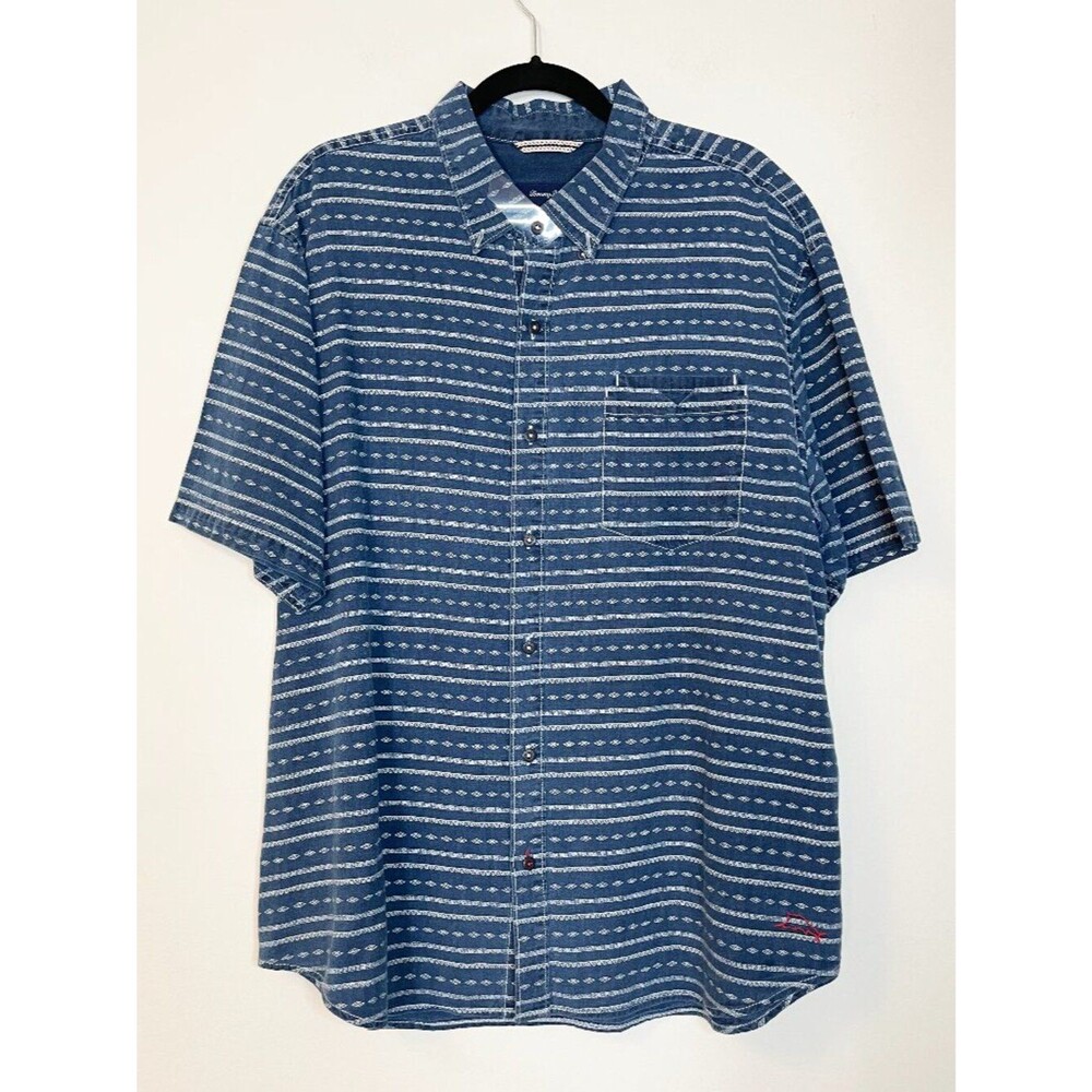 Tommy Bahama Blue Linen Blend Geometric Stripe Button Front Shirt Men's XL